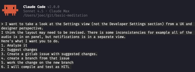 A terminal window displays instructions for analyzing and revising a settings view, suggesting changes, and managing tasks using GitLab.